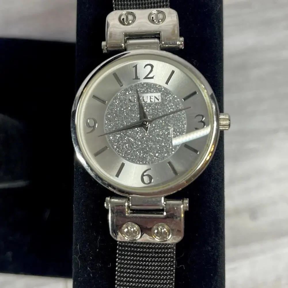 Gruen Wrist Watch Silver Dial Black Mesh Band Glitter 90s Womens Classic Dress